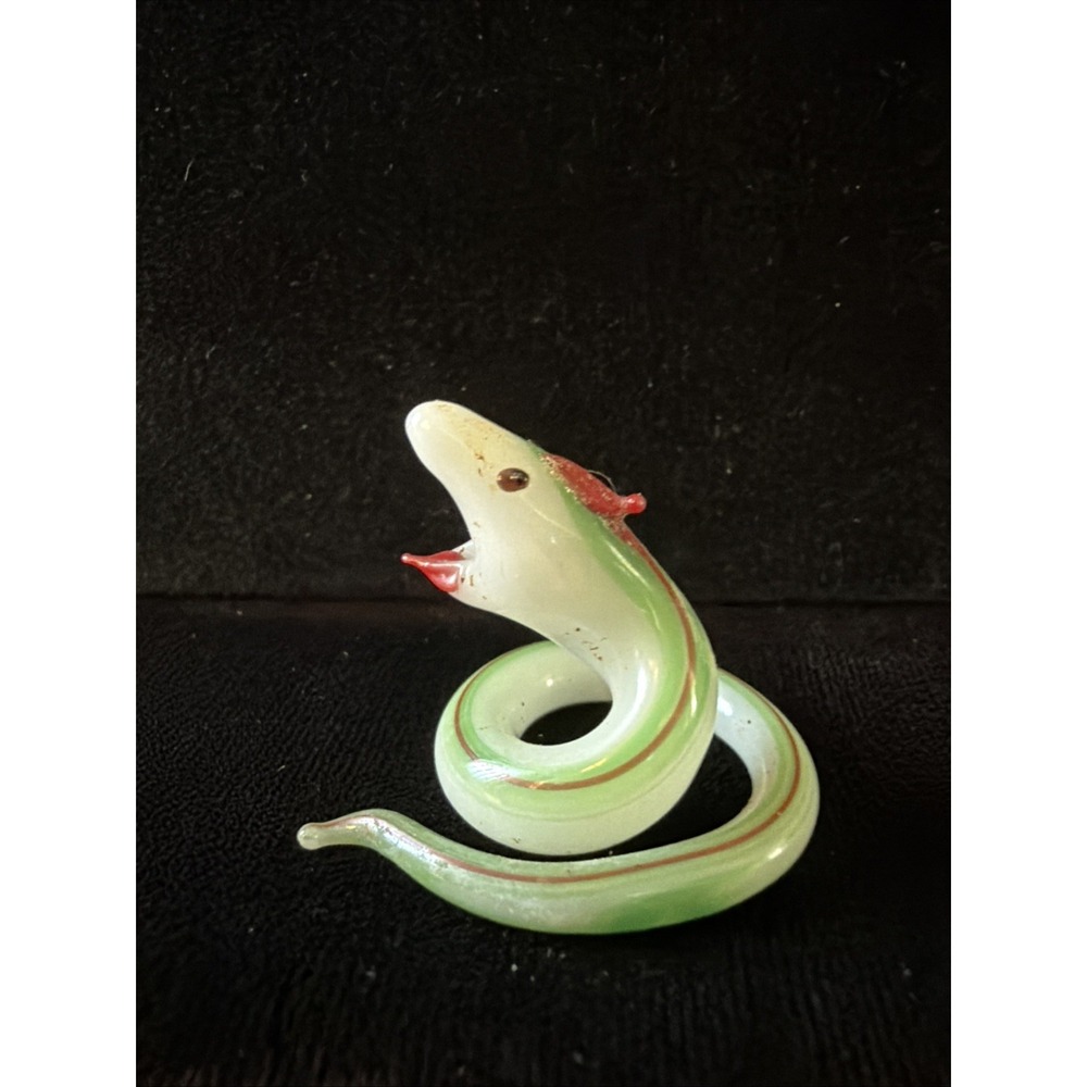 Vintage Chinese Glass Snake Figurine Green Red Coiled Serpent Art Glass